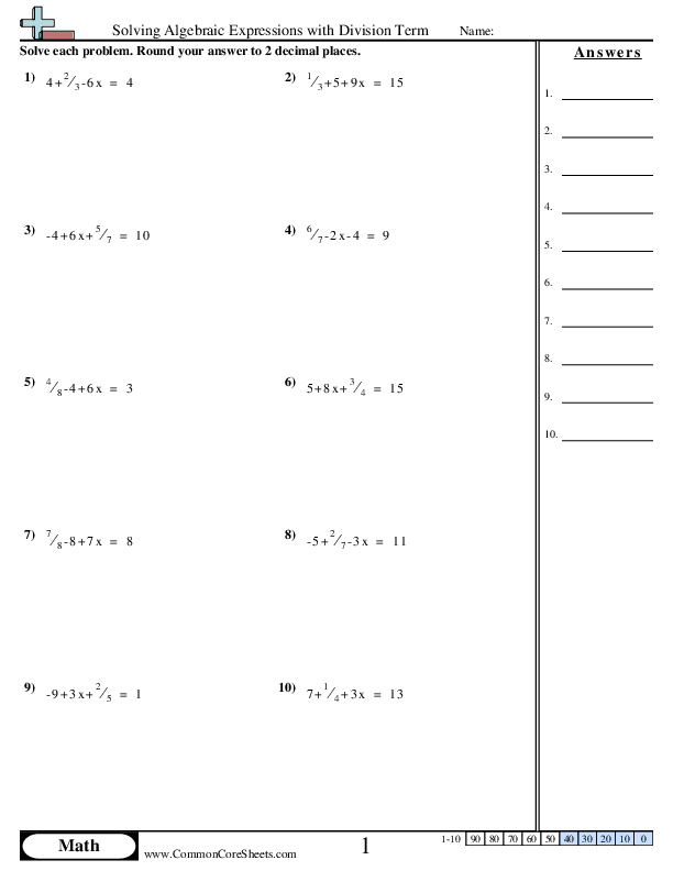 Solving Algebraic Expressions with Division Term worksheet